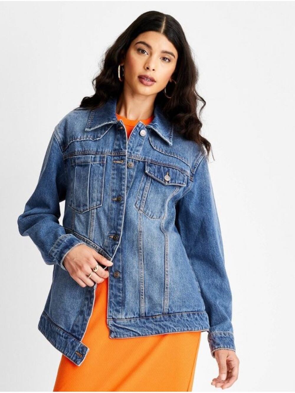 Future Collective Kahlana Barfield Brown Asymmetrical Denim Jean Jacket Medium